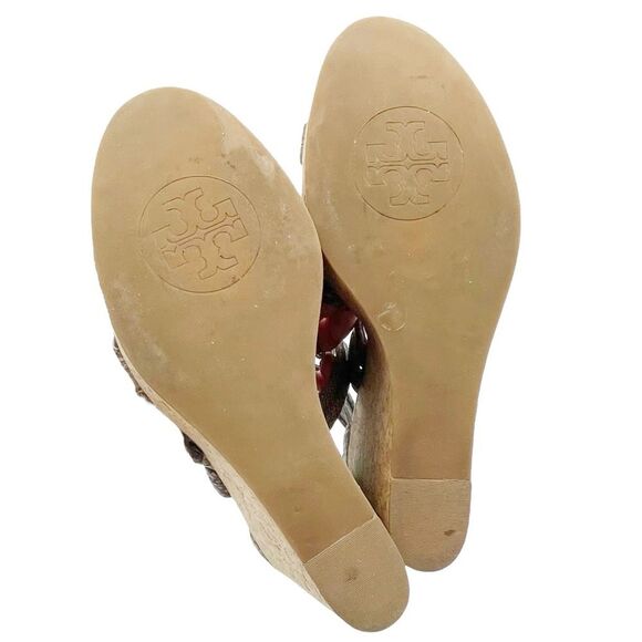 Tory Burch Taupe Reptile Embossed Leather Strappy Cork Wedge Sandals Size 10.5 - Picture 15 of 16
